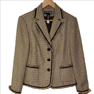Norton Mcnaughton Houndstooth Fringe Blazer Velvet Trim Fitted Shoulder Pads 14P